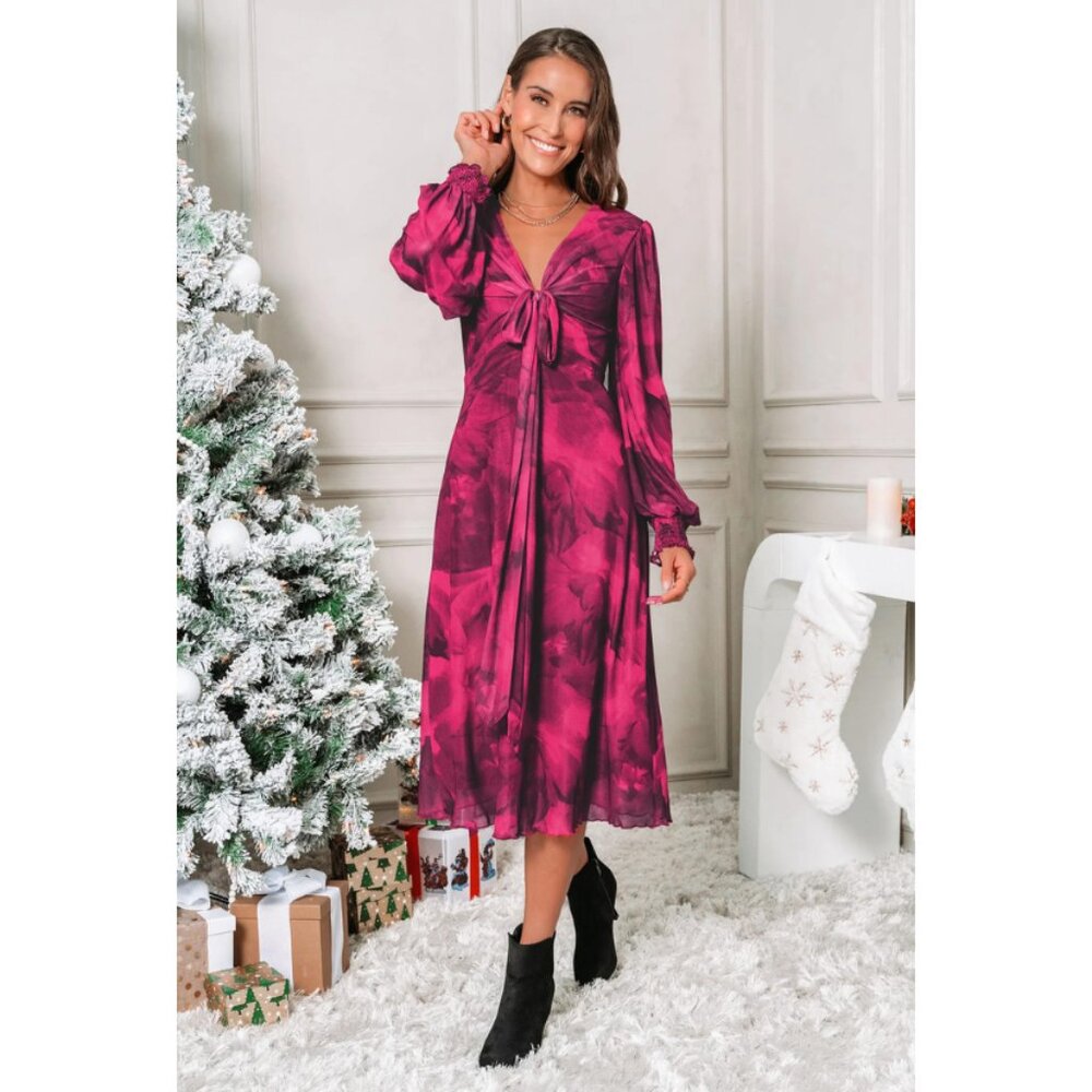 Red V-Neck Long Blouson Sleeve Midi Dress (Cupshe)